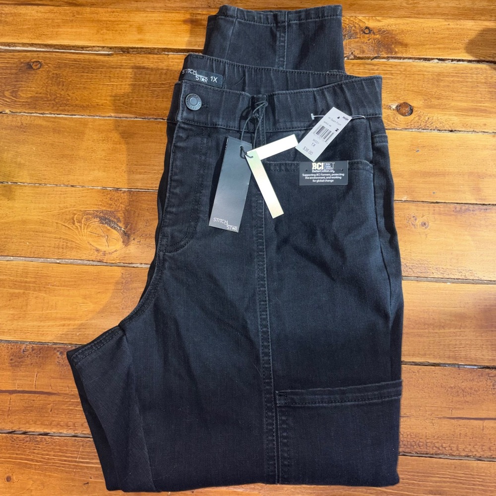 Stitch Star Seam Front Pants Women 1X Black High Rise Utility Denim Stretch NEW